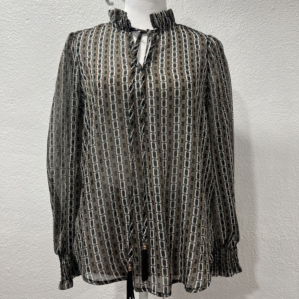OLM Top Womens Medium  High Neck Pleated Sheer Pullover Blouse Chain Rich